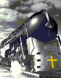 Steam locomotive with a gold cross emblazoned on the front
